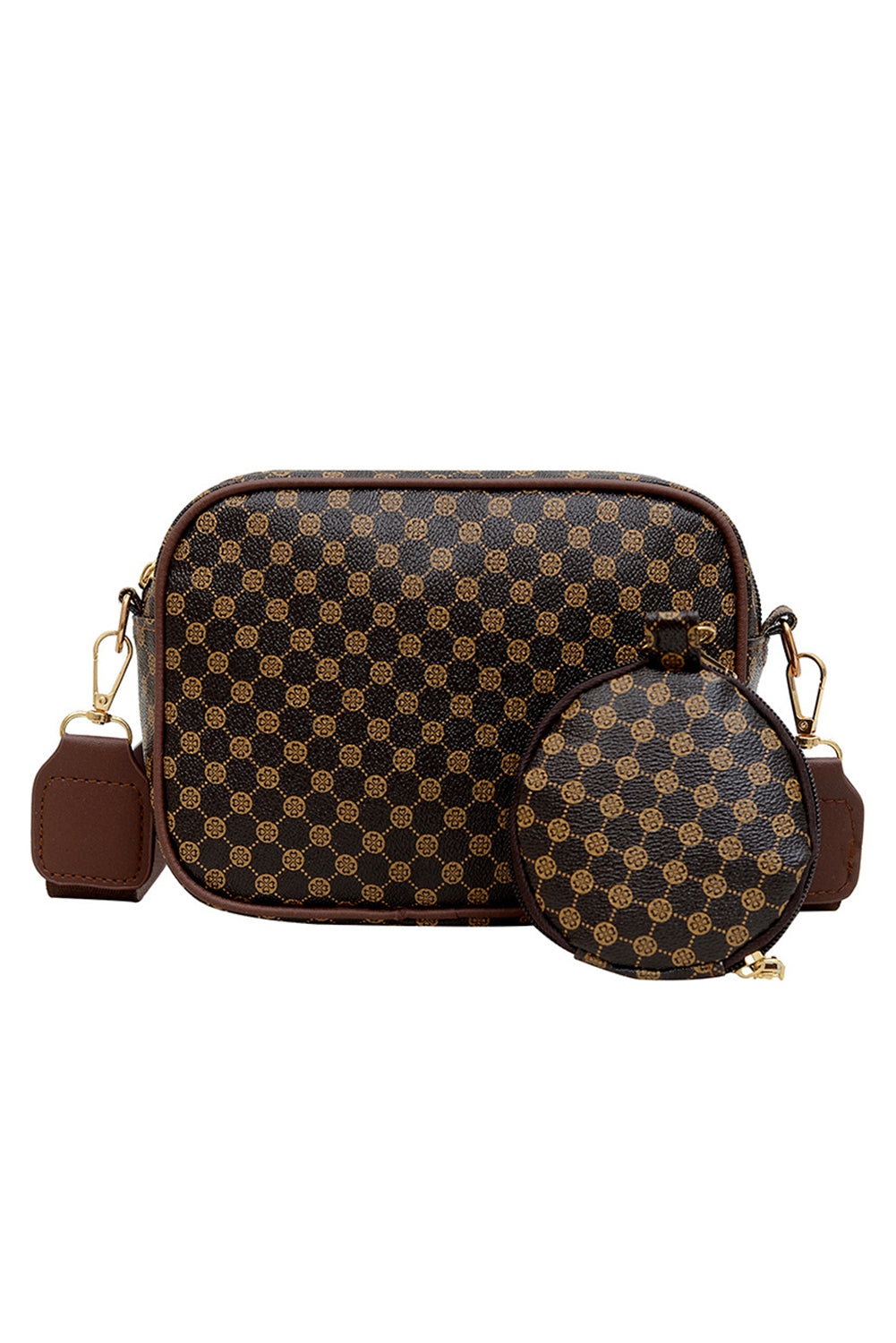 Coffee PU Leather Geometric Pattern Adjustable Strap Shoulder Bag with Wallet