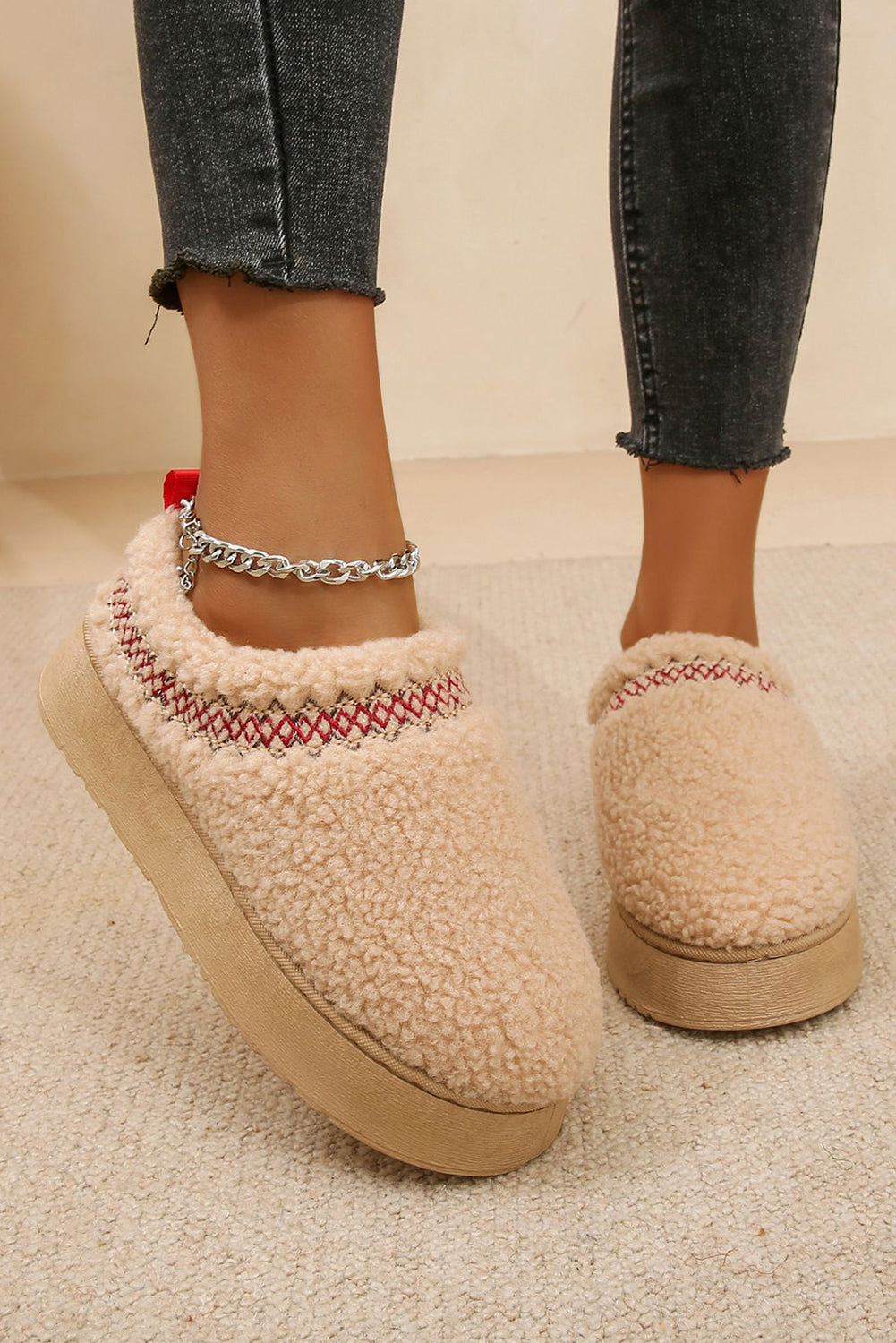 Oatmeal Soft Plush Embroidered Detail Flat Platform Slippers