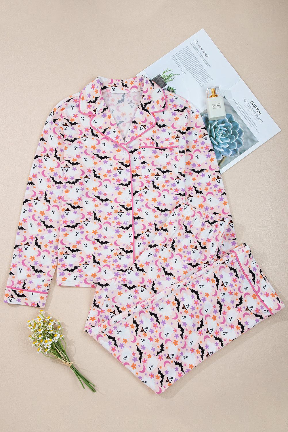 Pink Halloween Eve Haunted Honey Bat Print Pajama Set