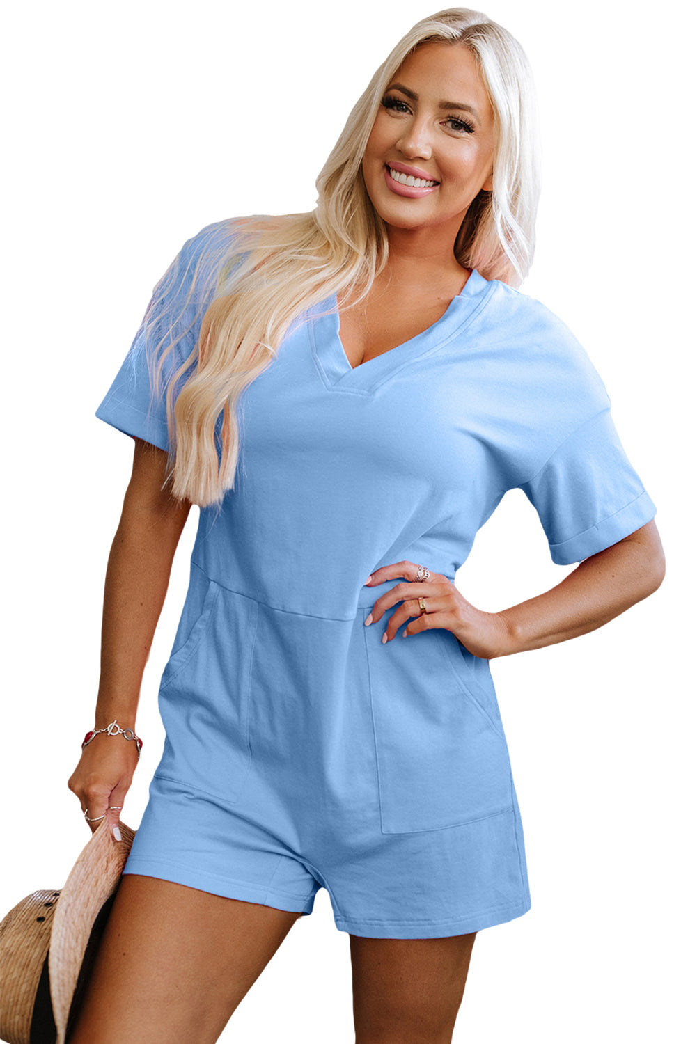 Myosotis Loose Half Sleeve V Neck Knit Romper