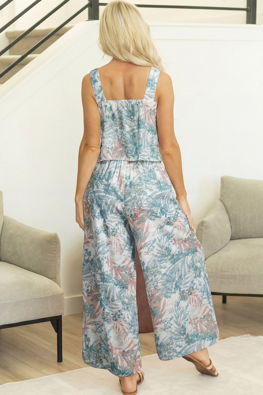 Green Tropical Palm Printed Cropped Tank Drawstring Wide Leg Pant Set