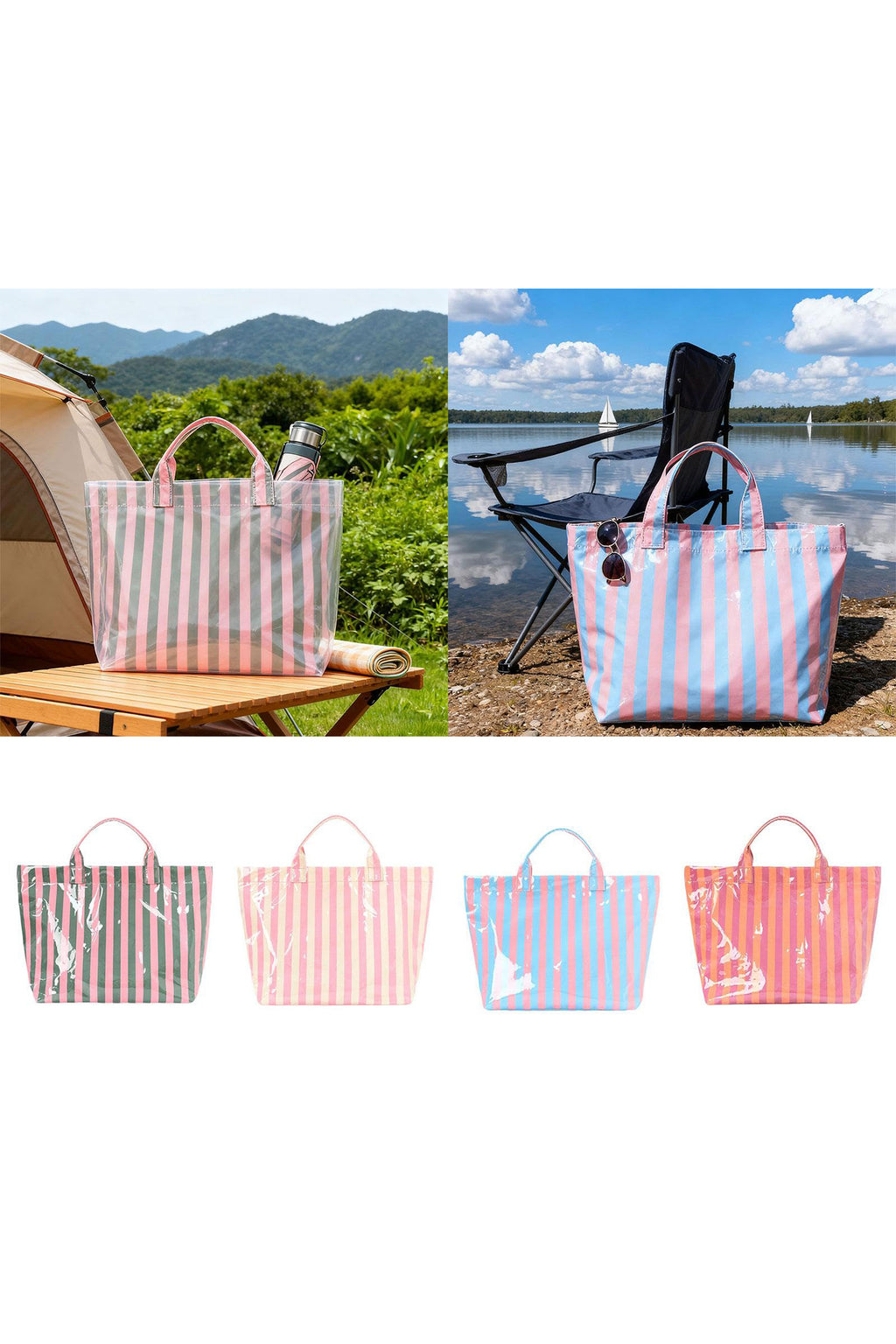 Blackish Green Glossy Striped Vinyl Large Tote Bag (Color Varied)