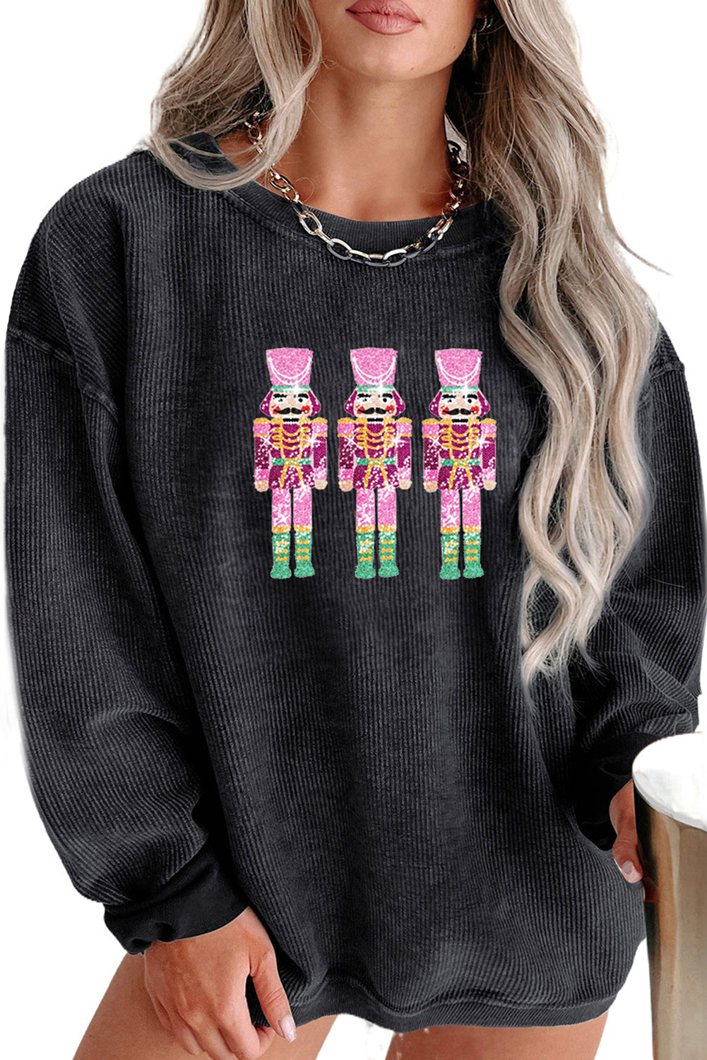Black Sequined Nutcracker Graphic Plus Size Corded Sweatshirt