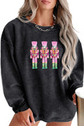 Black Sequined Nutcracker Graphic Plus Size Corded Sweatshirt