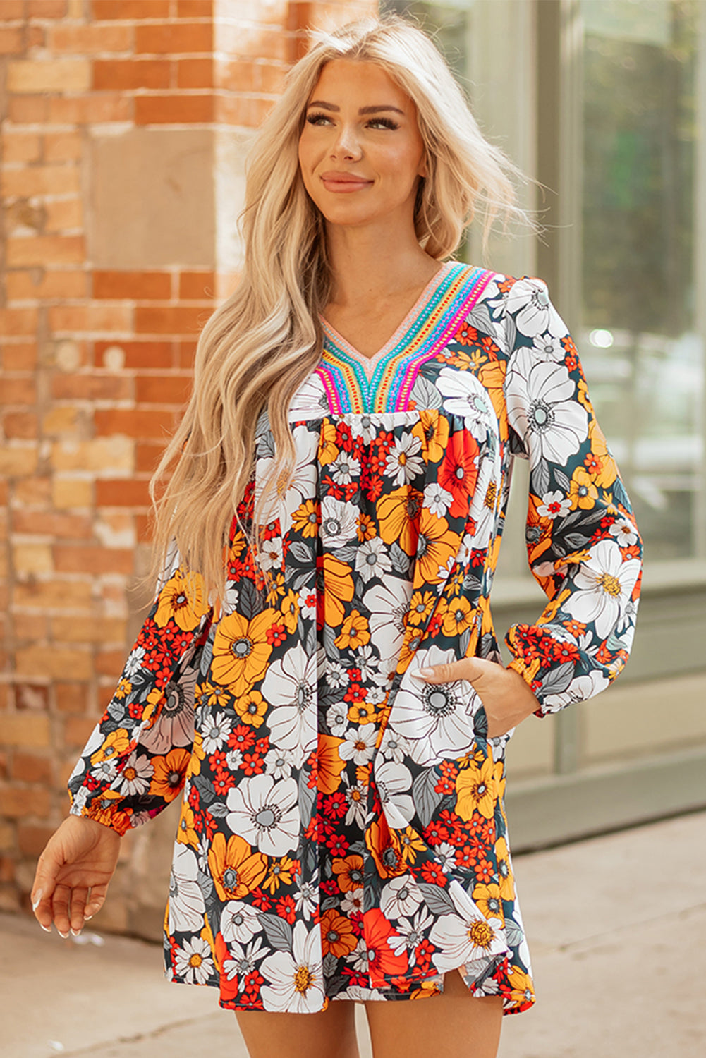 Orange Floral Print Striped Lace V Neck Long Sleeve Mini Dress