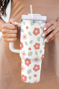 White Floral Leaves Print Stainless Large Portable Cup 40oz