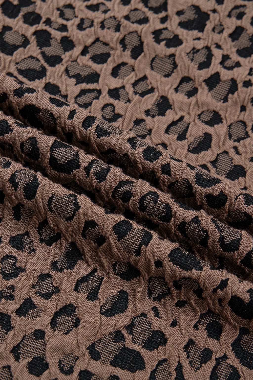 Brown Leopard Jacquard Striped Patchwork Half Zip Short Sleeve Blouse