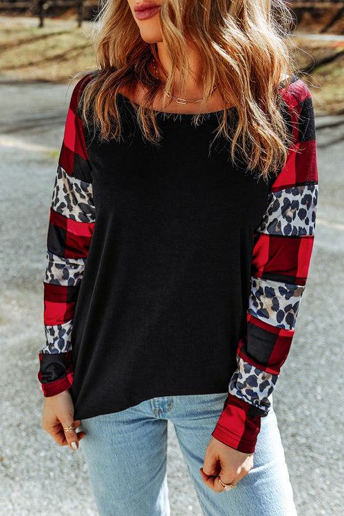 Black Off Shoulder Plaid&Leopard Print Long Sleeve Top