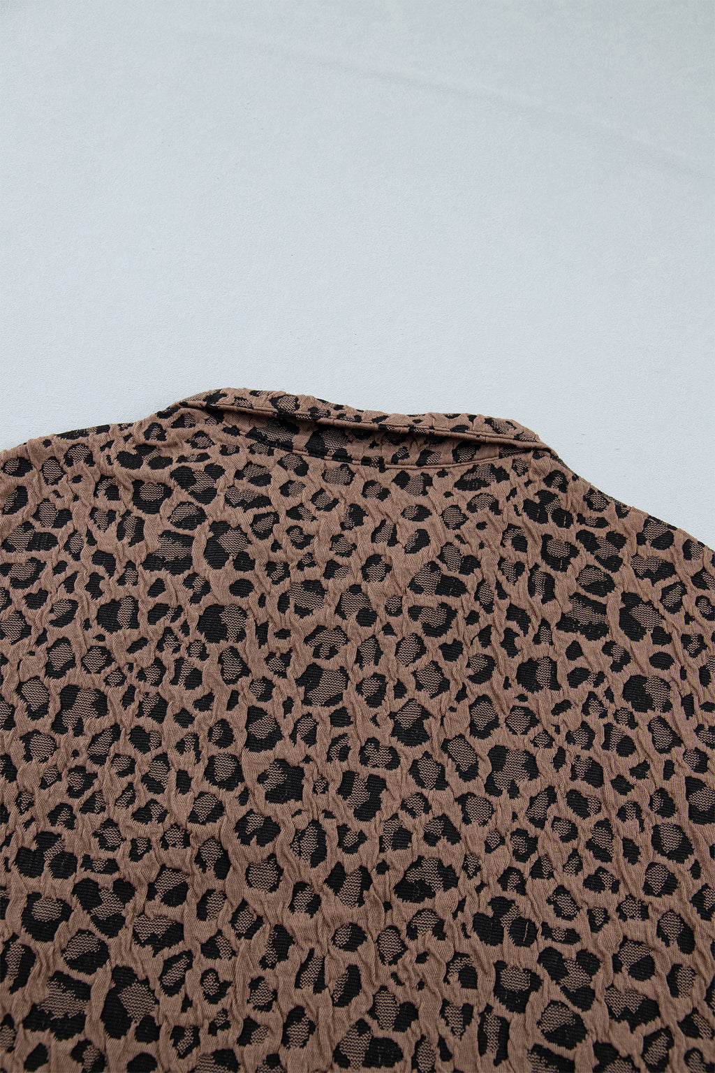 Brown Leopard Jacquard Striped Patchwork Half Zip Short Sleeve Blouse