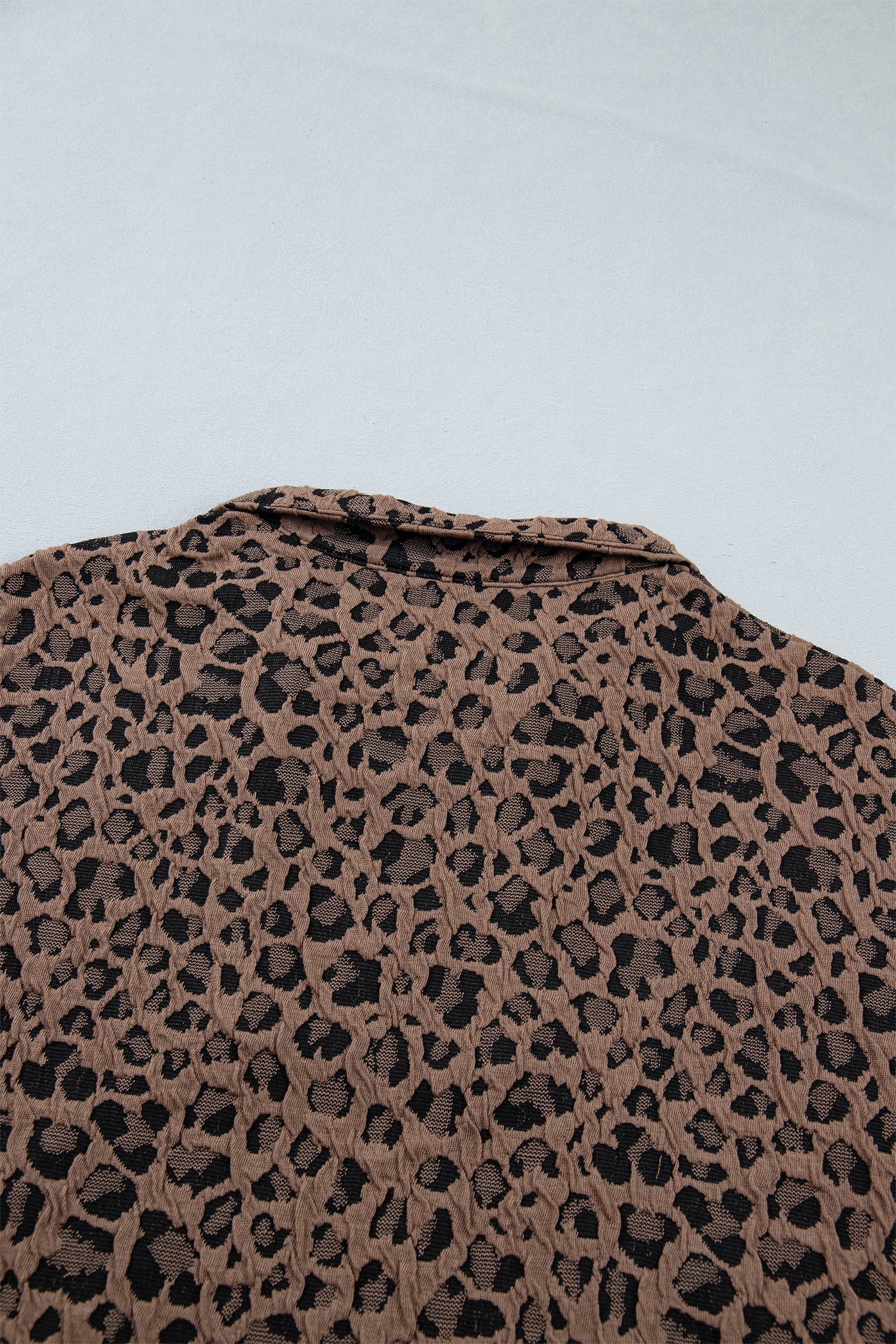 Brown Leopard Jacquard Striped Patchwork Half Zip Short Sleeve Blouse
