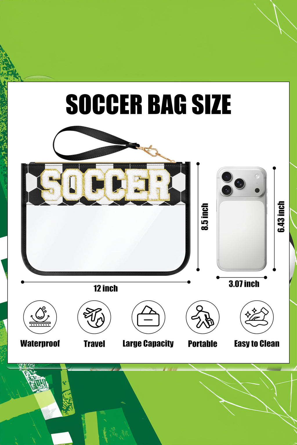 Color black SOCCER Chenille Letter Patch Game Day Stadium Clear PVC Cosmetic Bag