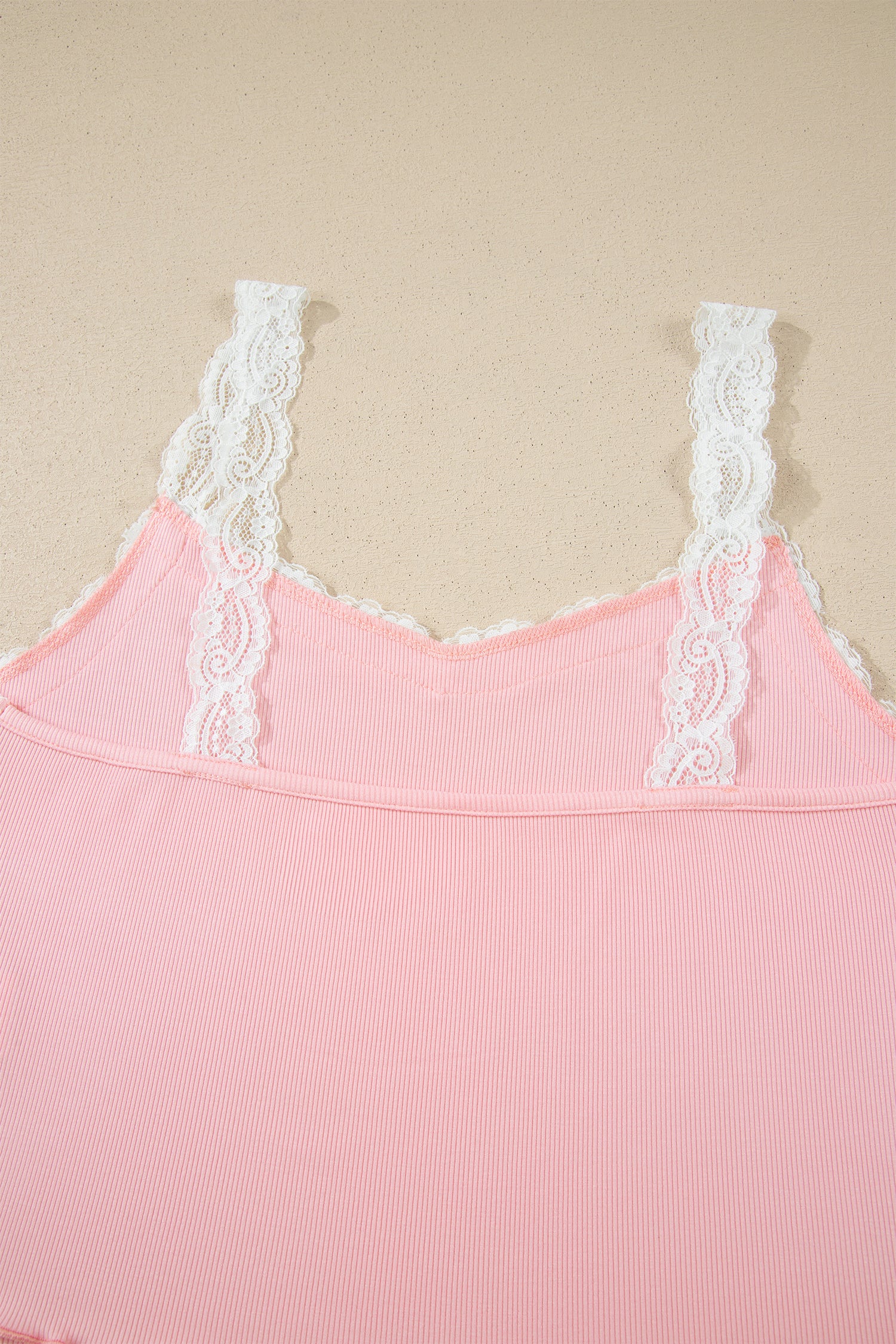 Pink Ribbed Knit Lace Straps Patchwork Lettuce Hem Cropped Top Floral Short Lounge Set