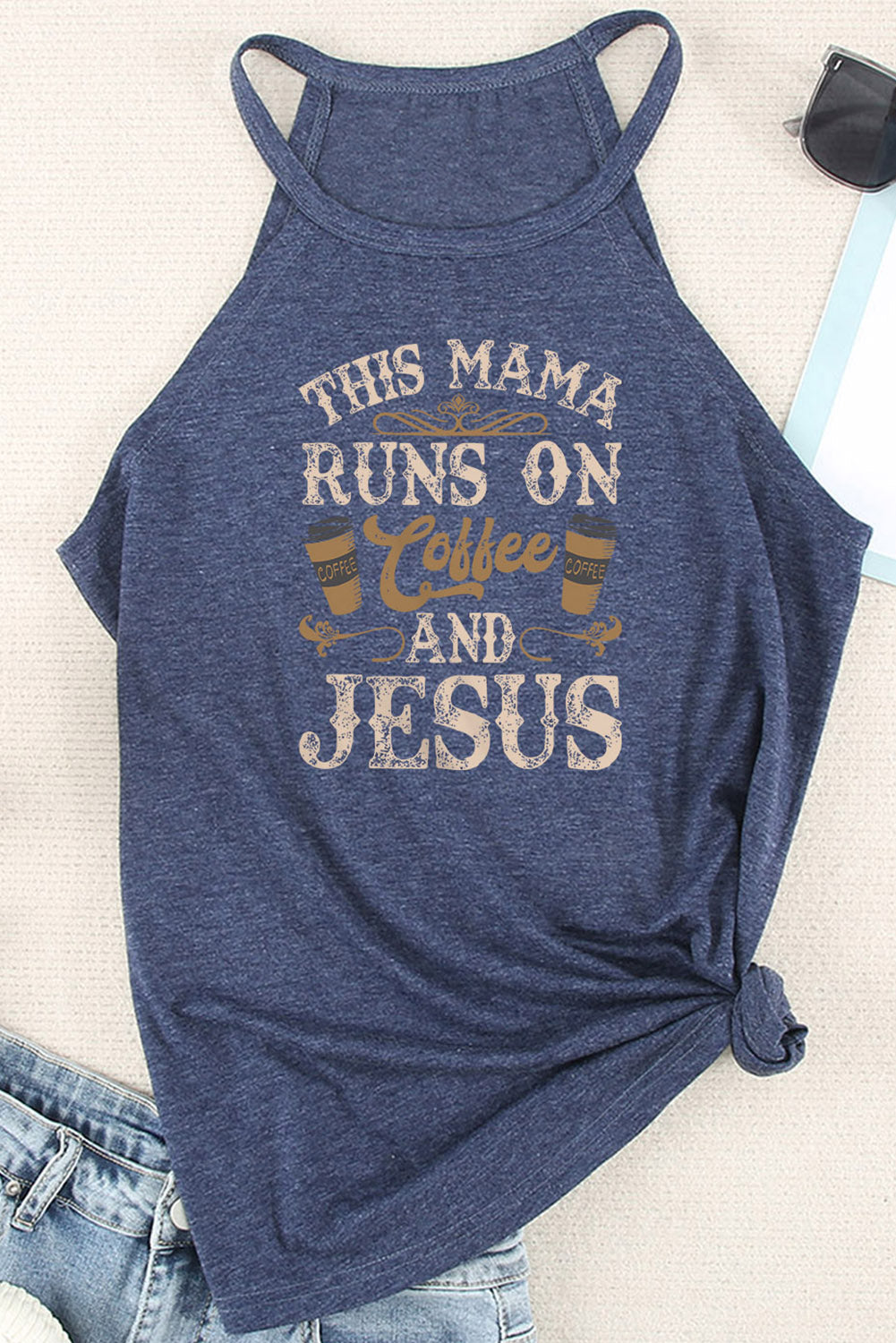 Blue THIS MAMA RUNS ON COFFEE AND JESUS Tank Top