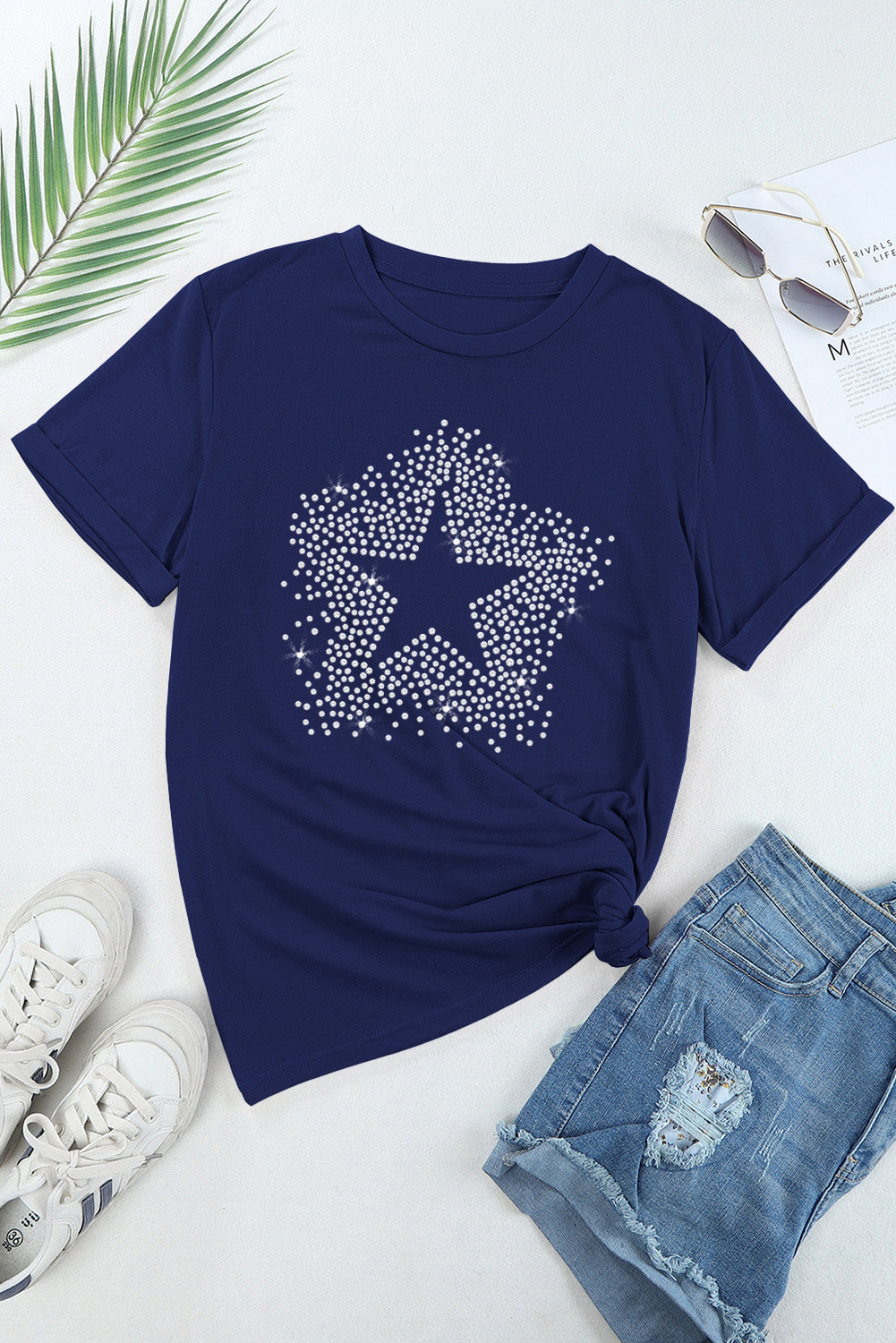 Blue Rhinestone Star Graphic Crewneck T Shirt