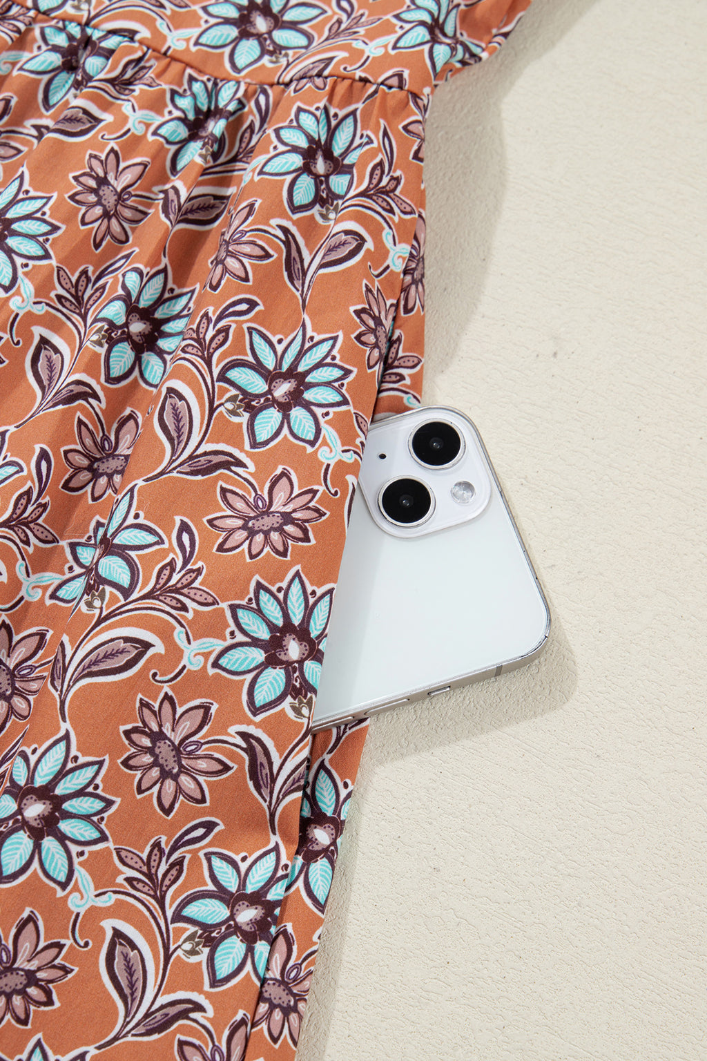 Orange Boho Floral Contrast Collared Shirt Mini Dress