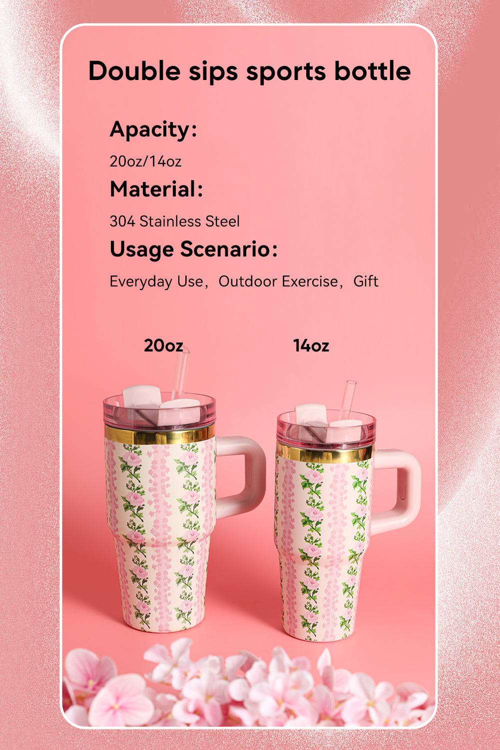 Pink 14/20 OZ Dainty Floral Print Stainless Steel Tumbler with Straw