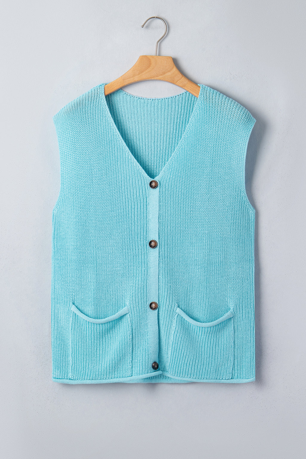 Mist Blue Solid Color Knit V Neck Button Front Sweater Vest