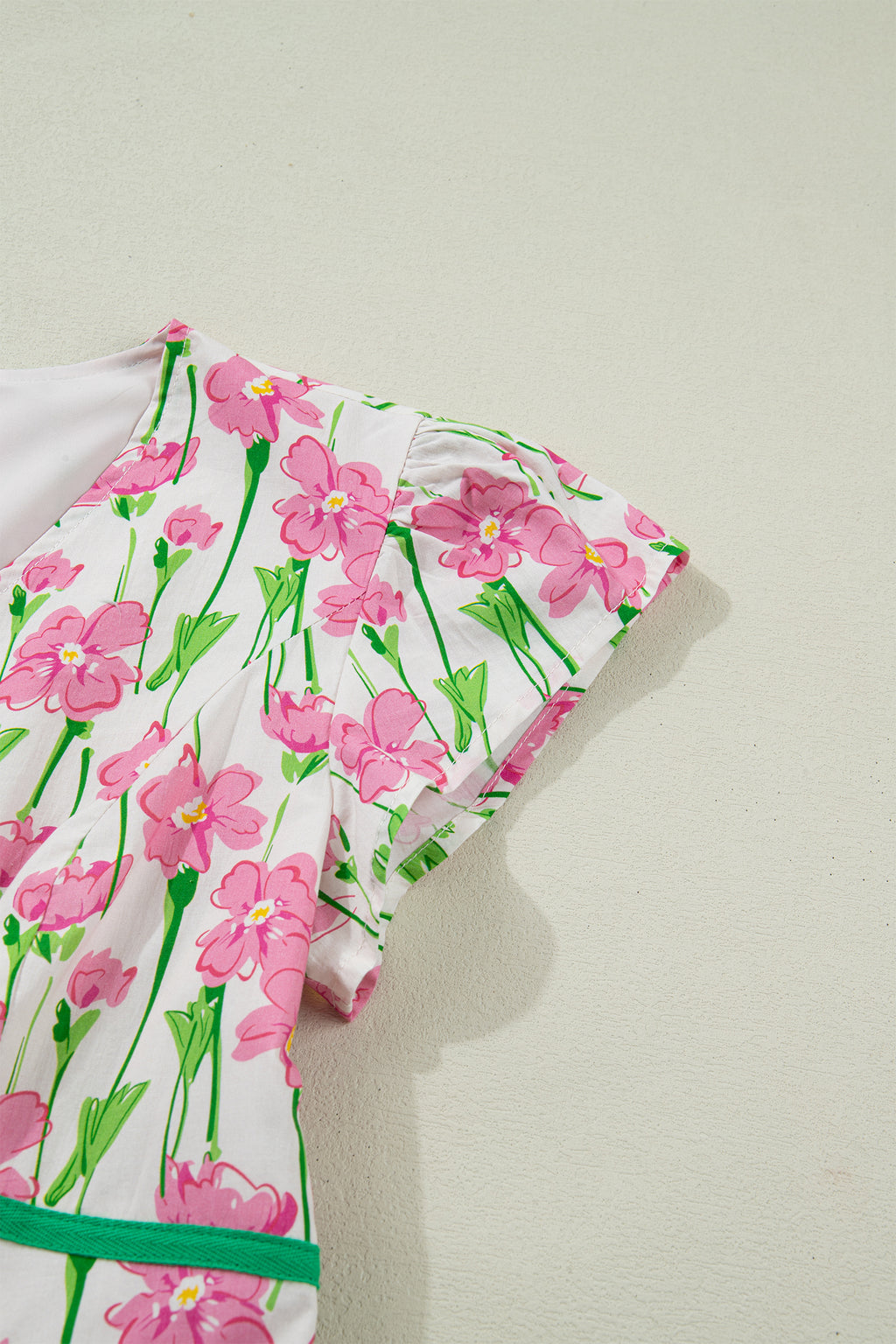 Pink Floral Print Contrast Trim V Neck Short Sleeve Elegant Midi Dress