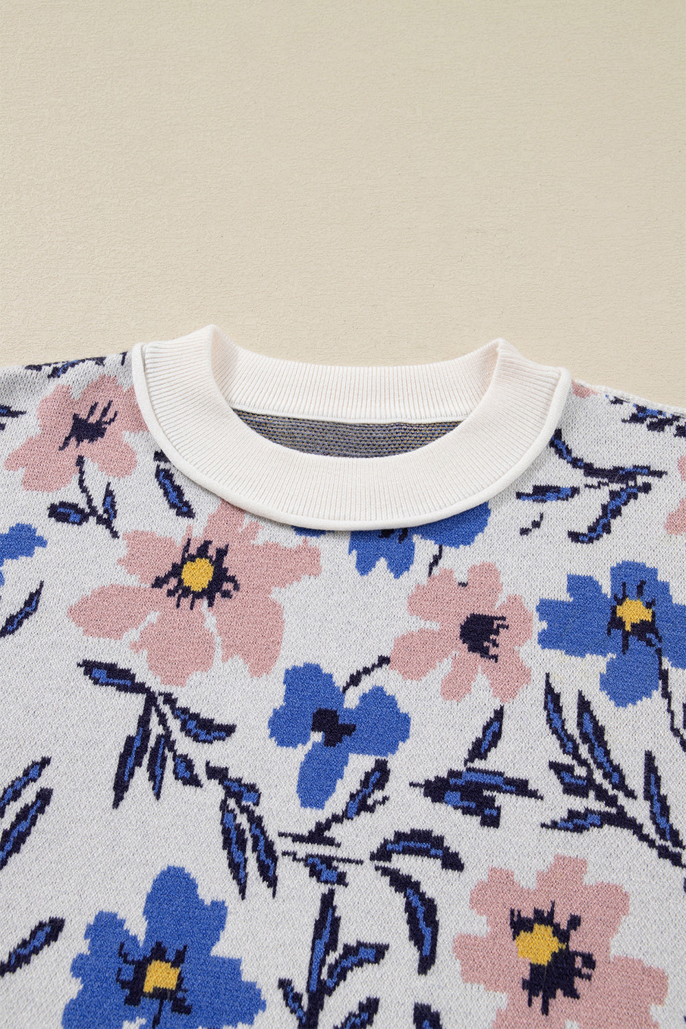Khaki Floral Panel Colorblock Sleeve Patchwork Sweater