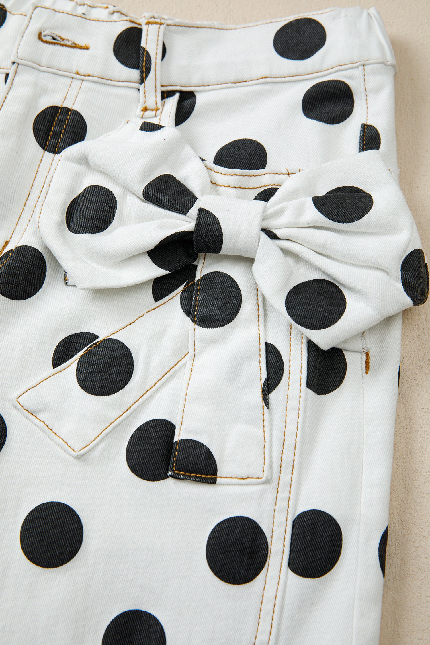 White Polka Dot Print Bow Detail Pocketed Barrel Jeans