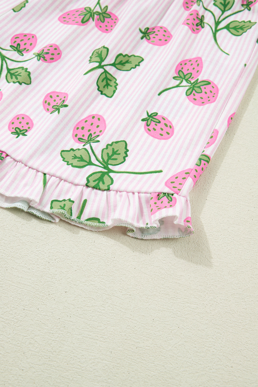 Pink Striped Strawberry Print Lapel Shirt Drawstring Shorts 2pcs Pajama Set