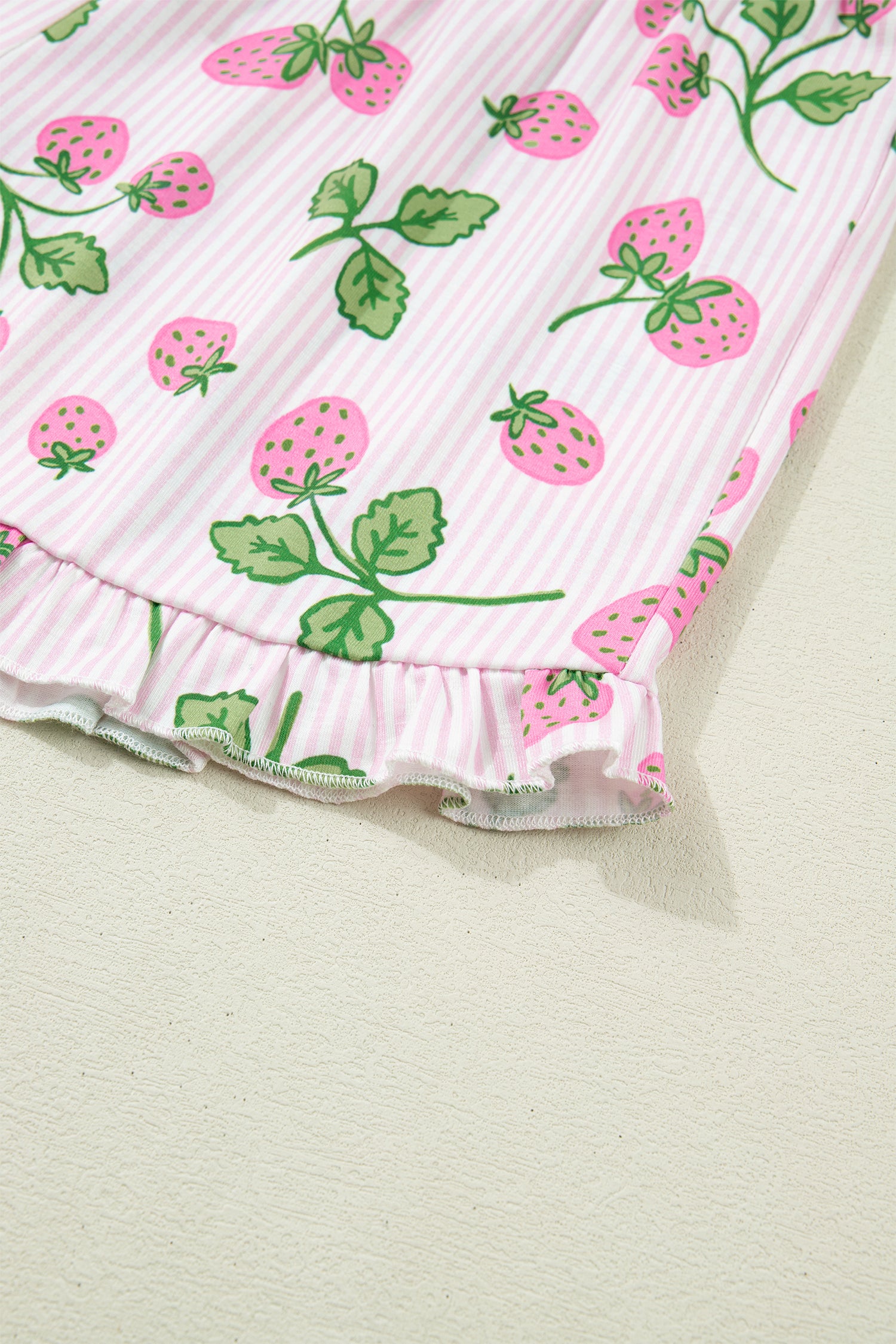 Pink Striped Strawberry Print Lapel Shirt Drawstring Shorts 2pcs Pajama Set