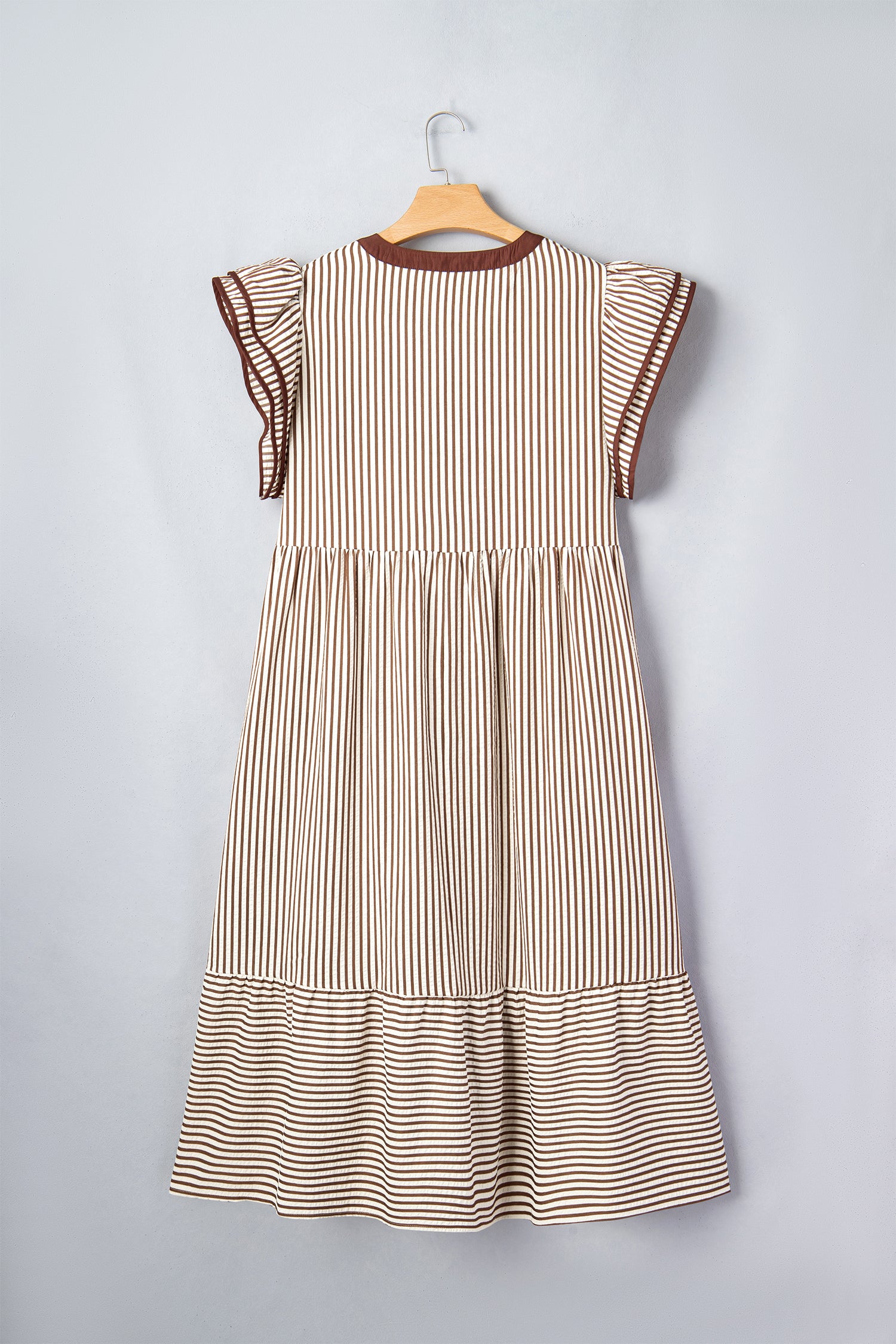 Brown Stripe Plus Size Slit V Neck Tiered Flutter Sleeve Maxi Dress