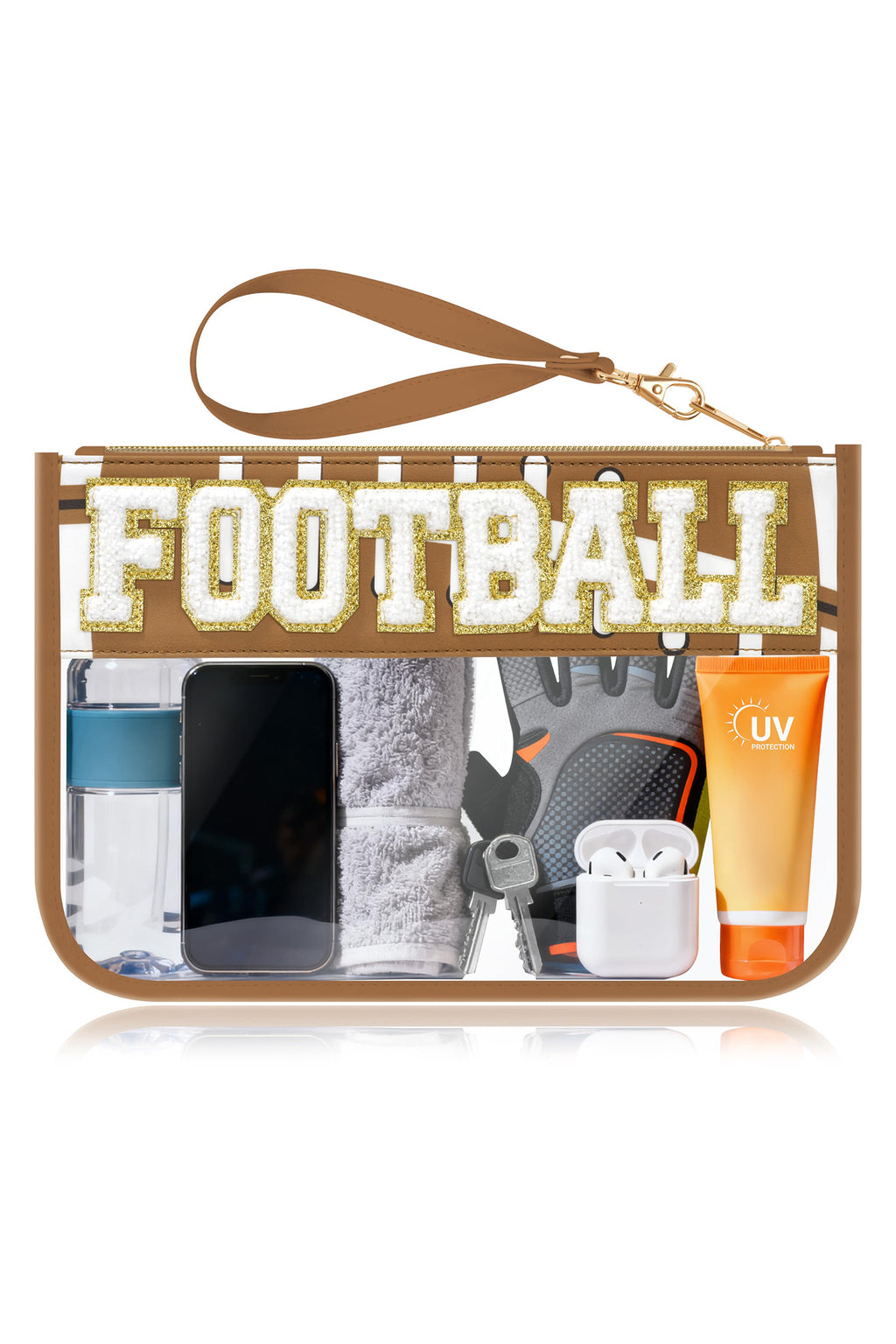 Brown BASEBALL  Chenille Letter Patch Game Day Stadium Clear PVC Cosmetic Bag