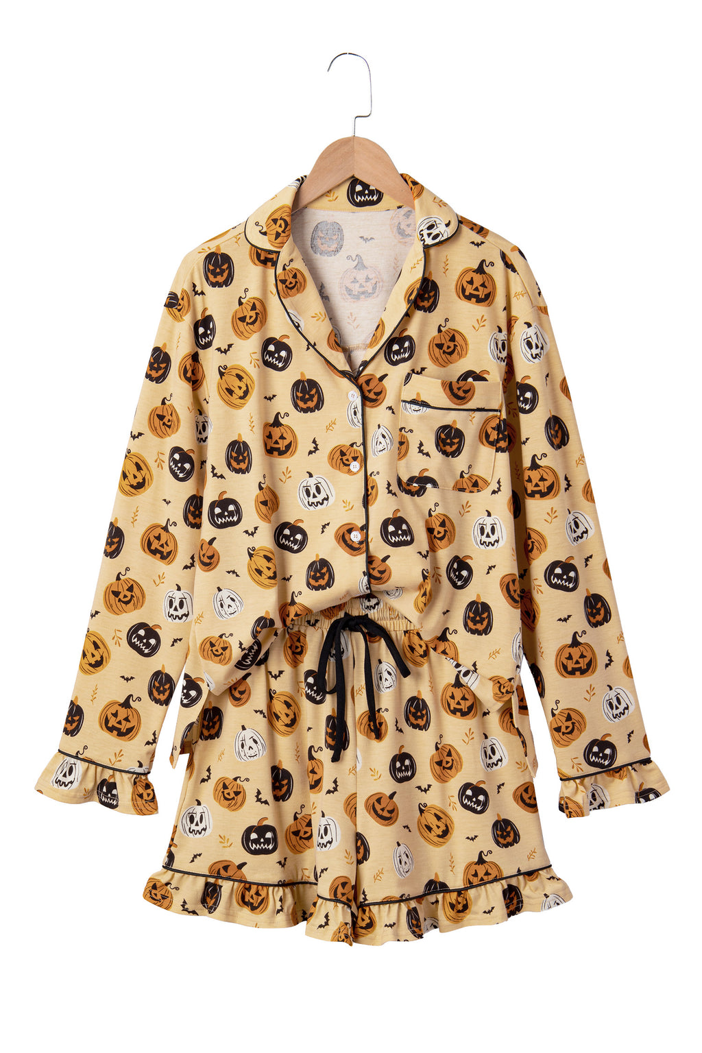 Orange Long Sleeve Ruffle Pumpkin Face Print Two Piece Lounge Set