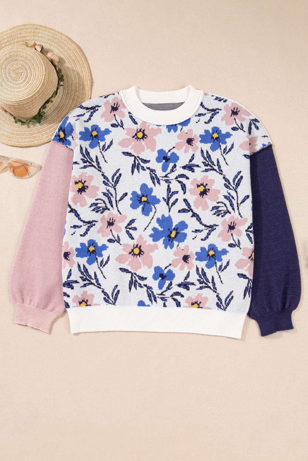 Khaki Floral Panel Colorblock Sleeve Patchwork Sweater