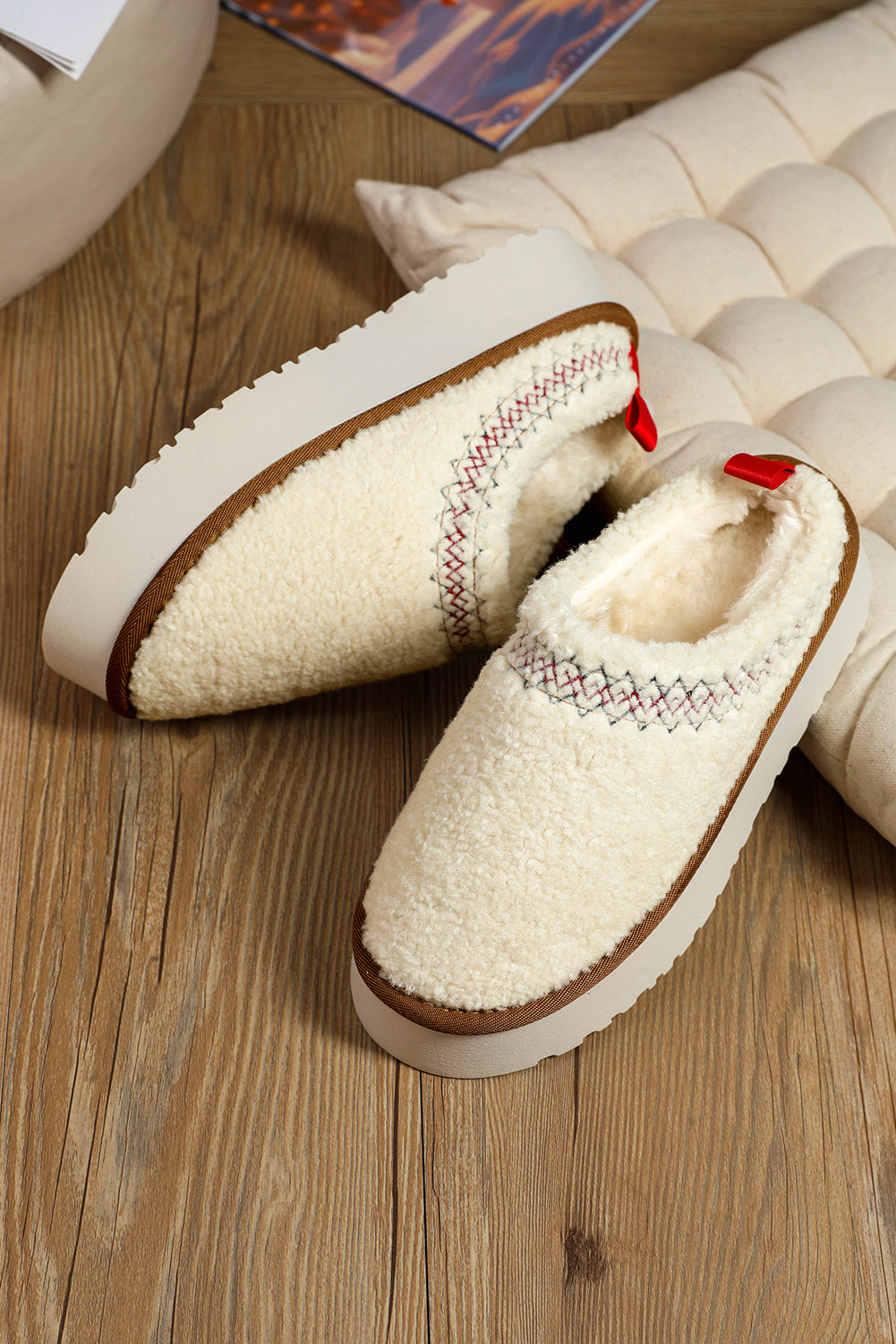 White Soft Plush Embroidered Detail Flat Platform Slippers