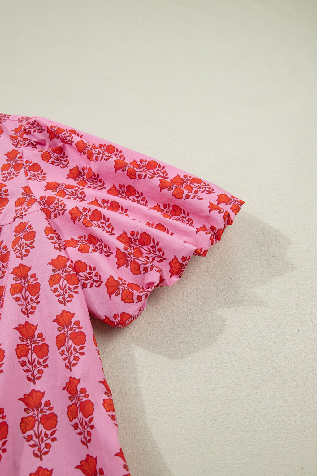 Pink Plus Size Floral Print Tassel Tie Puff Sleeve Cotton Blouse