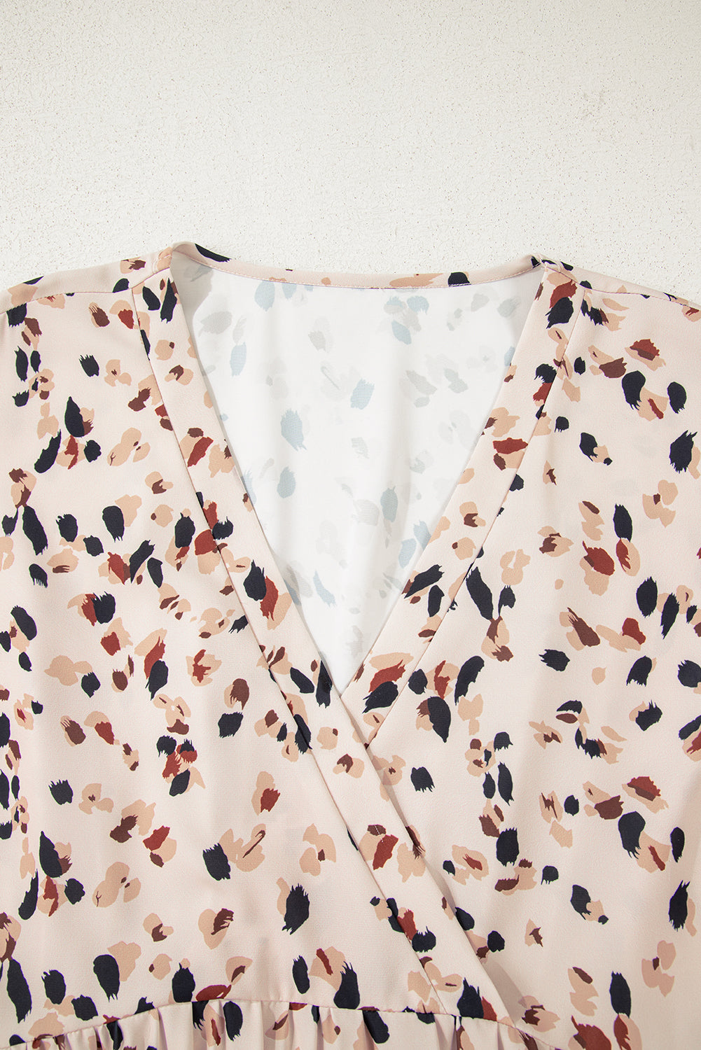 Beige Printed Surplice V Neck Cuffed Sleeve Empire Waist Plus Size Dress