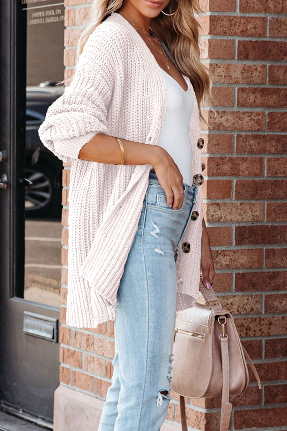 Pink Buttoned Front Drop Shoulder Knitted Cardigan