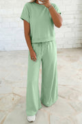 Clearly Aqua Solid Color Loose Tee Drawstring Wide Leg Pants 2pcs Outfit