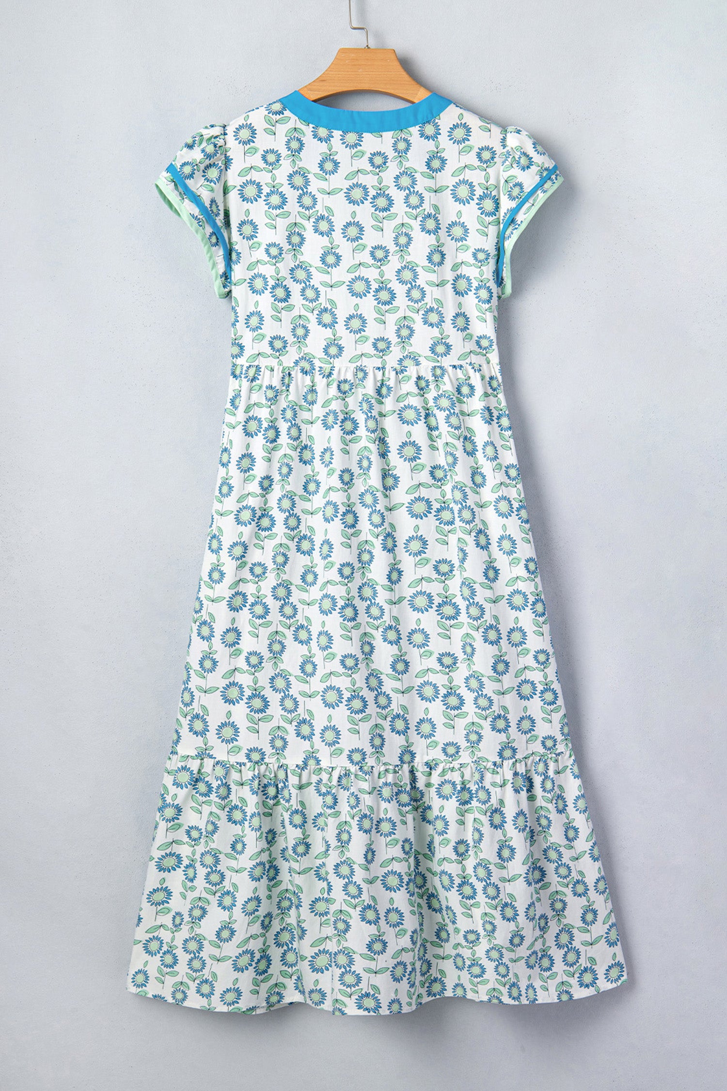 Sky Blue Cute Sunflower Printed Striped Patchwork Trim Flutter Sleeve Long Dress