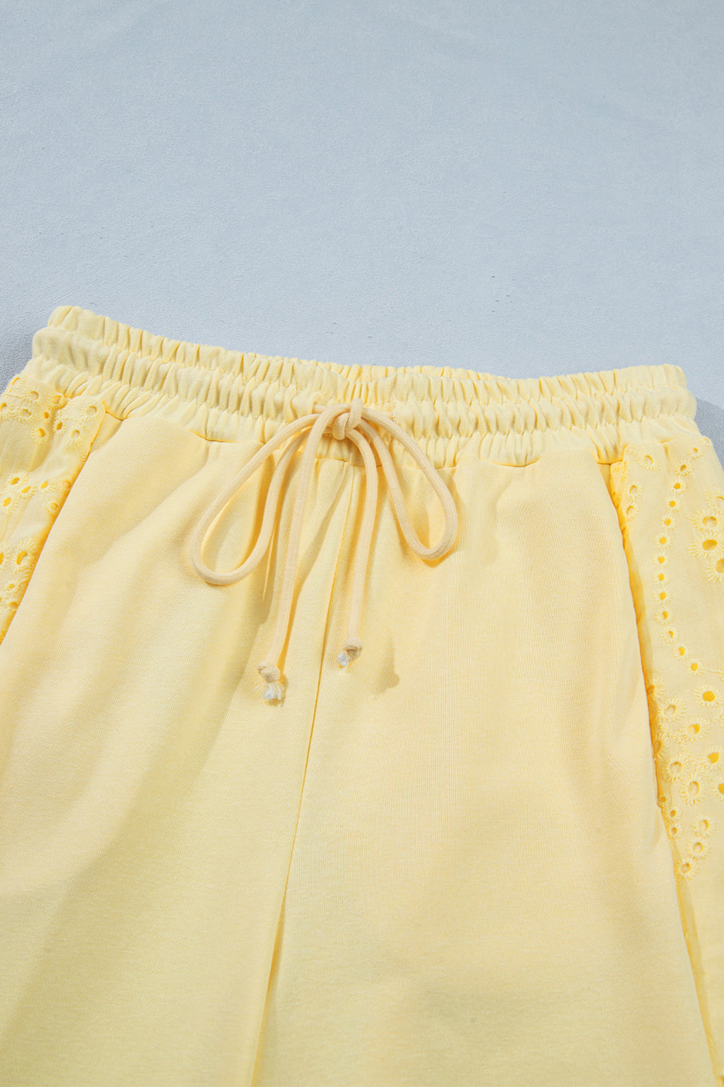 Yellow Cream Lace Patchwork Half Sleeve Top Elastic Waist Pants Two Piece Set