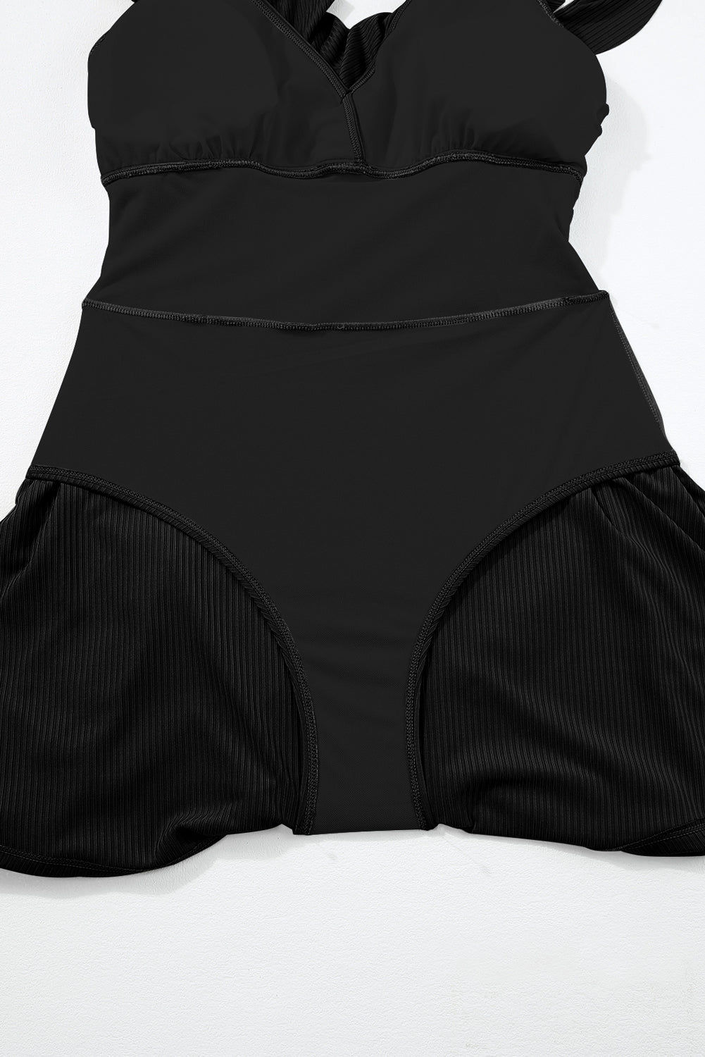 Black Textured Ruffle Trim V Neck Sleeveless One Piece Flared Swimdress
