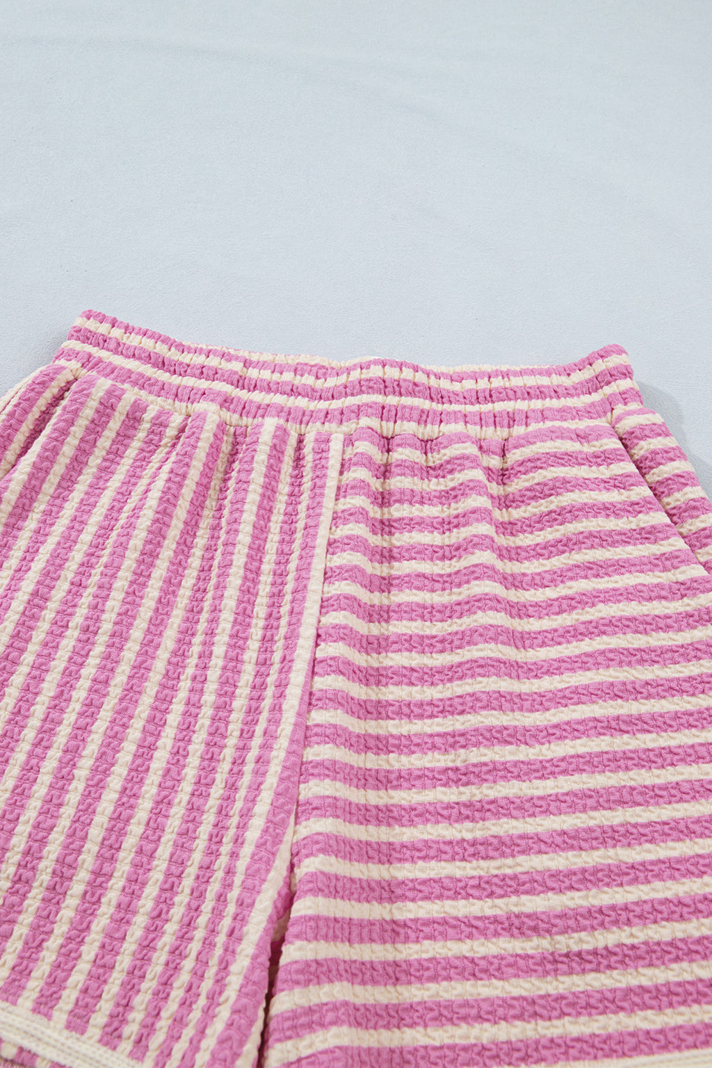 Pink Stripe Textured Contrast Trim Casual Tank and Shorts Set