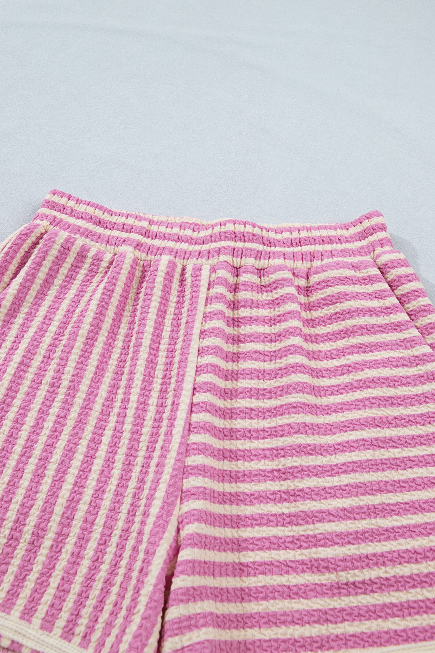 Pink Stripe Textured Contrast Trim Casual Tank and Shorts Set