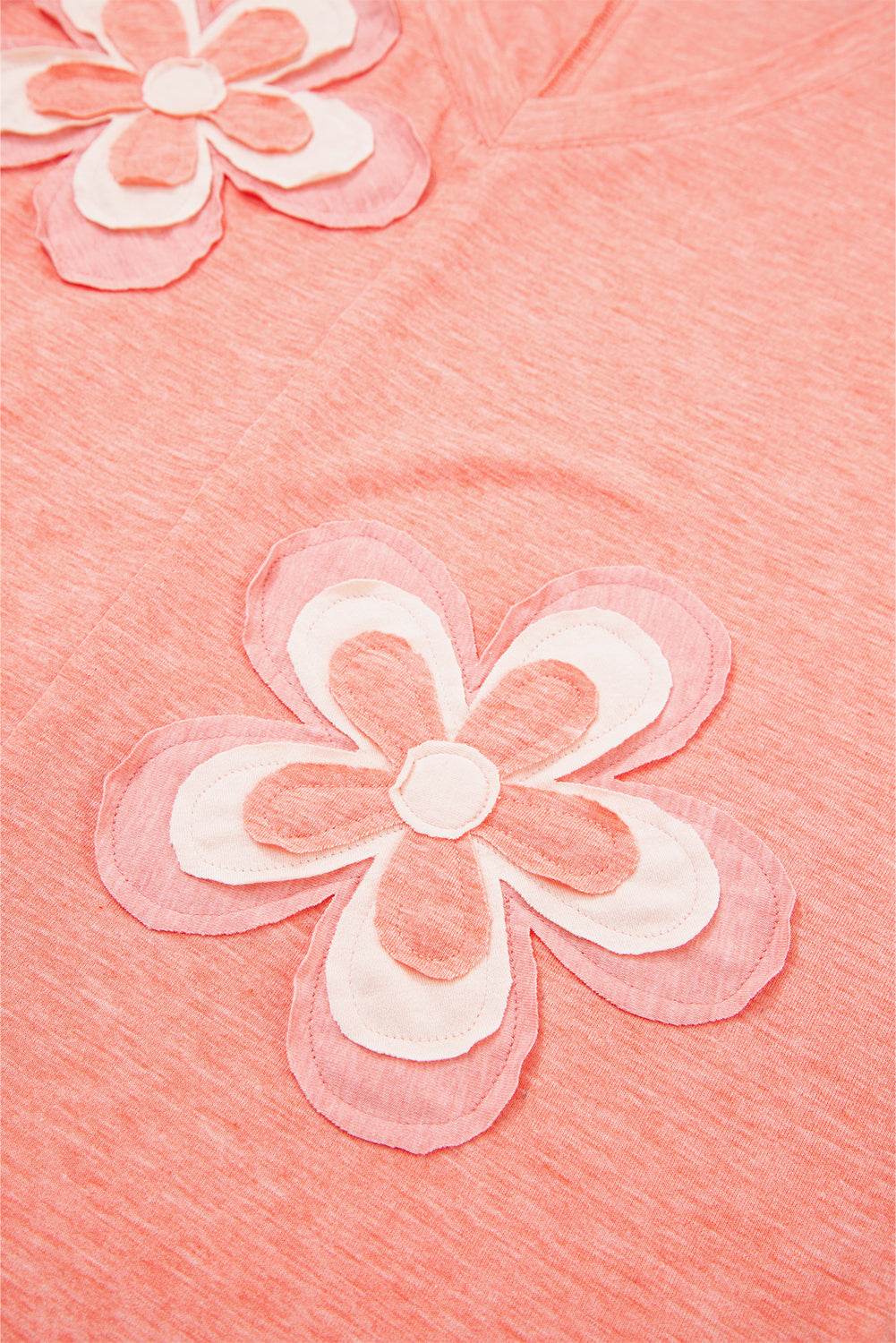 Fresh Salmon Floral Patchwork V Neck Long Sleeve T Shirt