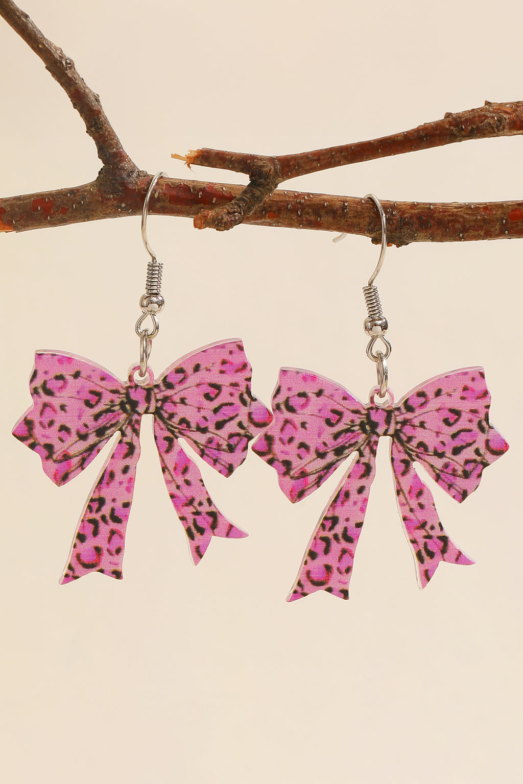 Bright Pink Stylish Leopard Printed Bow Stainless Hook Earrings