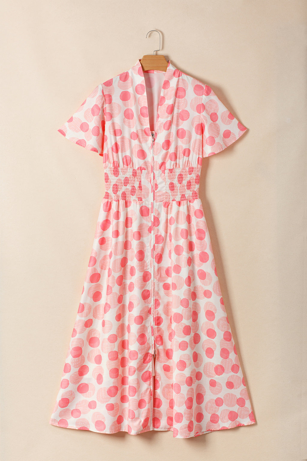 Pink Polka Dot Printed Ruffle Short Sleeve Zip Up Long Dress