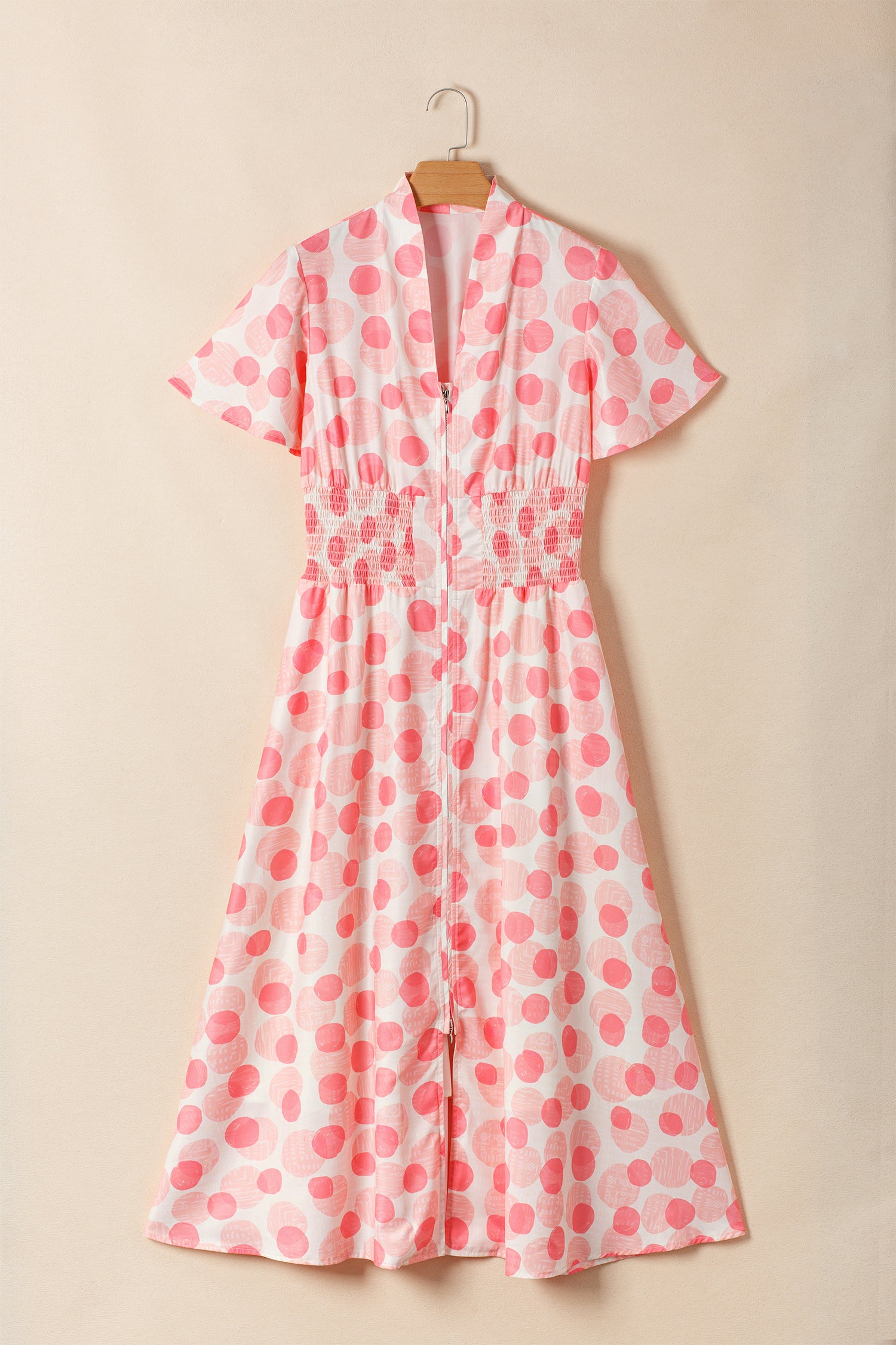 Pink Polka Dot Printed Ruffle Short Sleeve Zip Up Long Dress