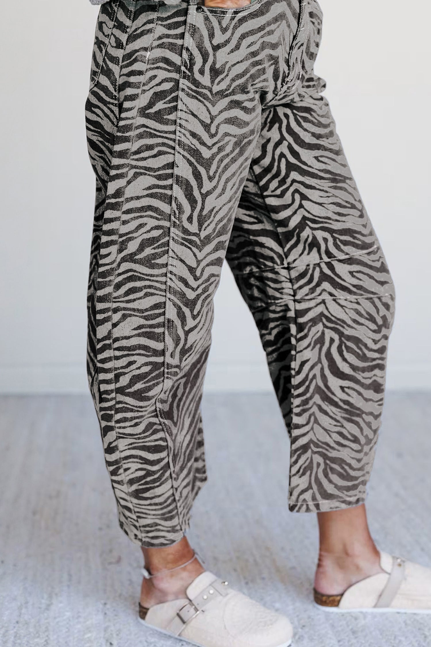 Gray Zebra Stripe Printed Wide Leg Barrel Jeans
