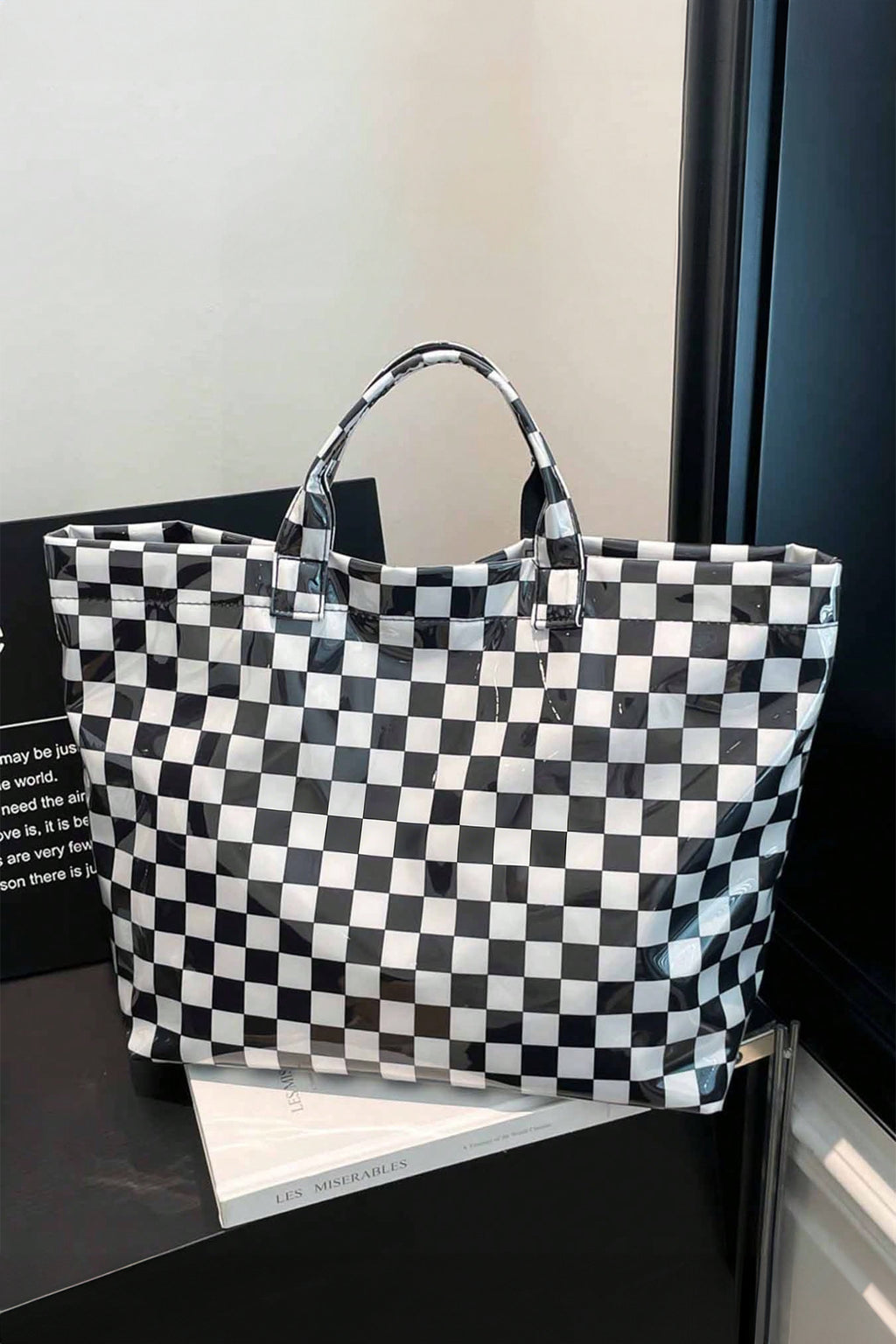 Color black Plaid Pattern PVC Glossy Waterproof Tote Bag
