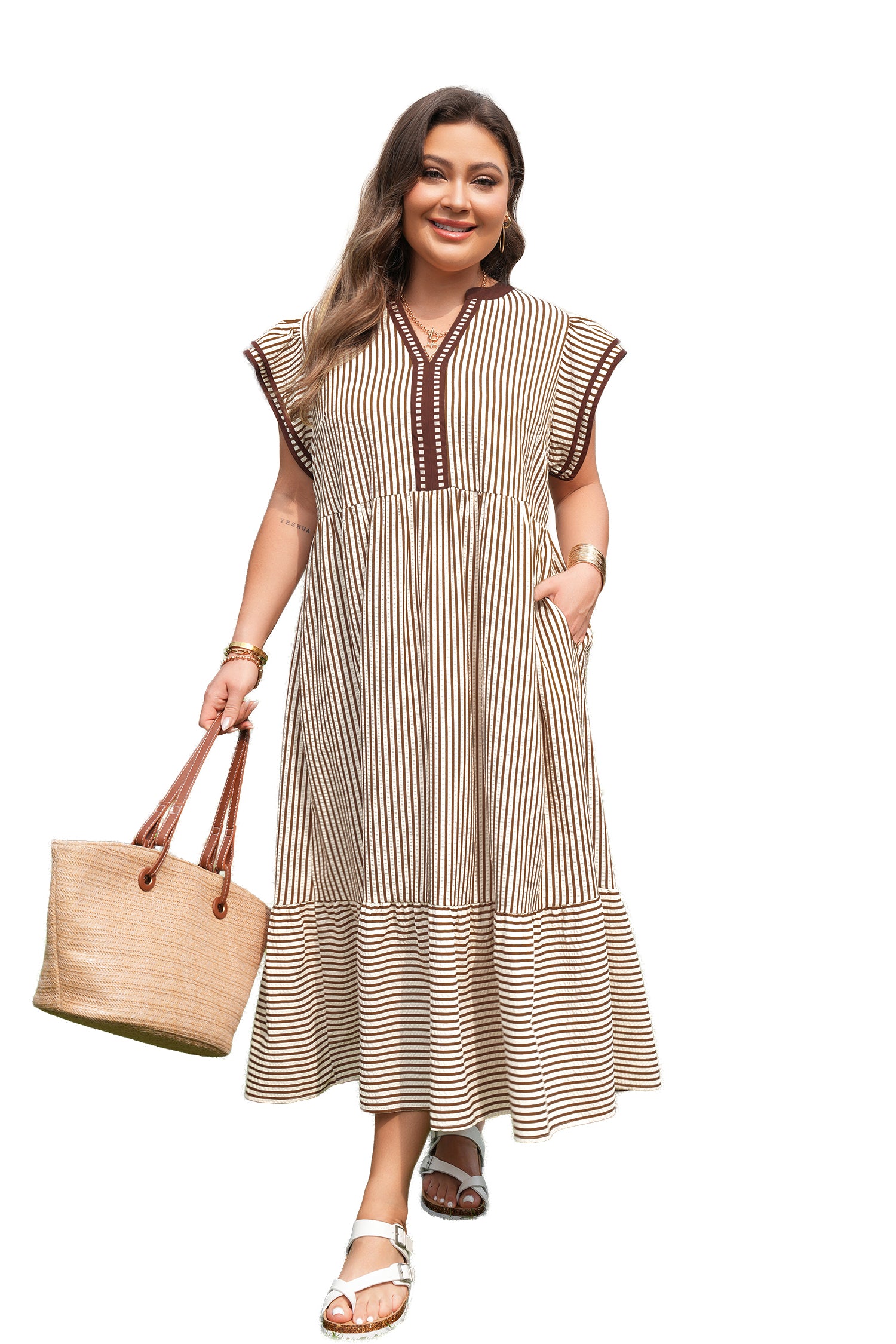 Brown Stripe Plus Size Slit V Neck Tiered Flutter Sleeve Maxi Dress