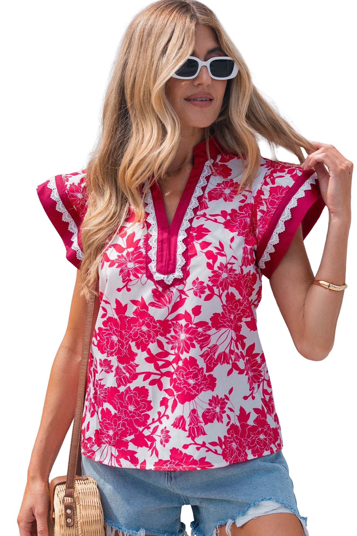 Red Floral Print Color Block Trim Lace Detail V Neck Flutter Sleeve Blouse