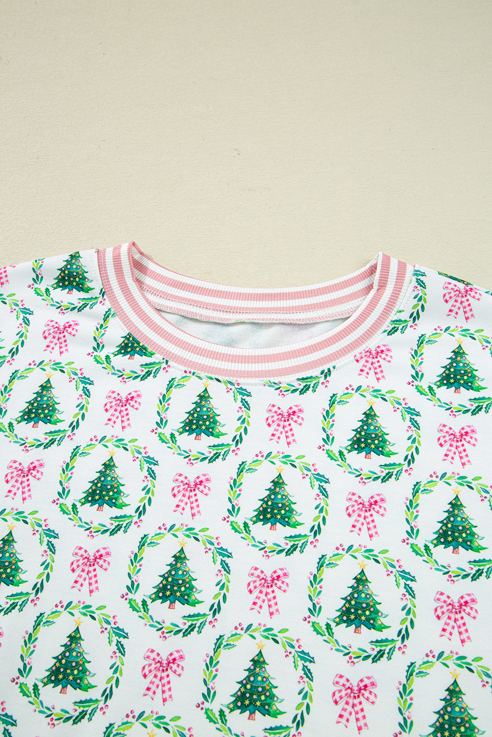Green Bow Christmas Tree Print Contrast Striped Banding 2pcs Lounge Set