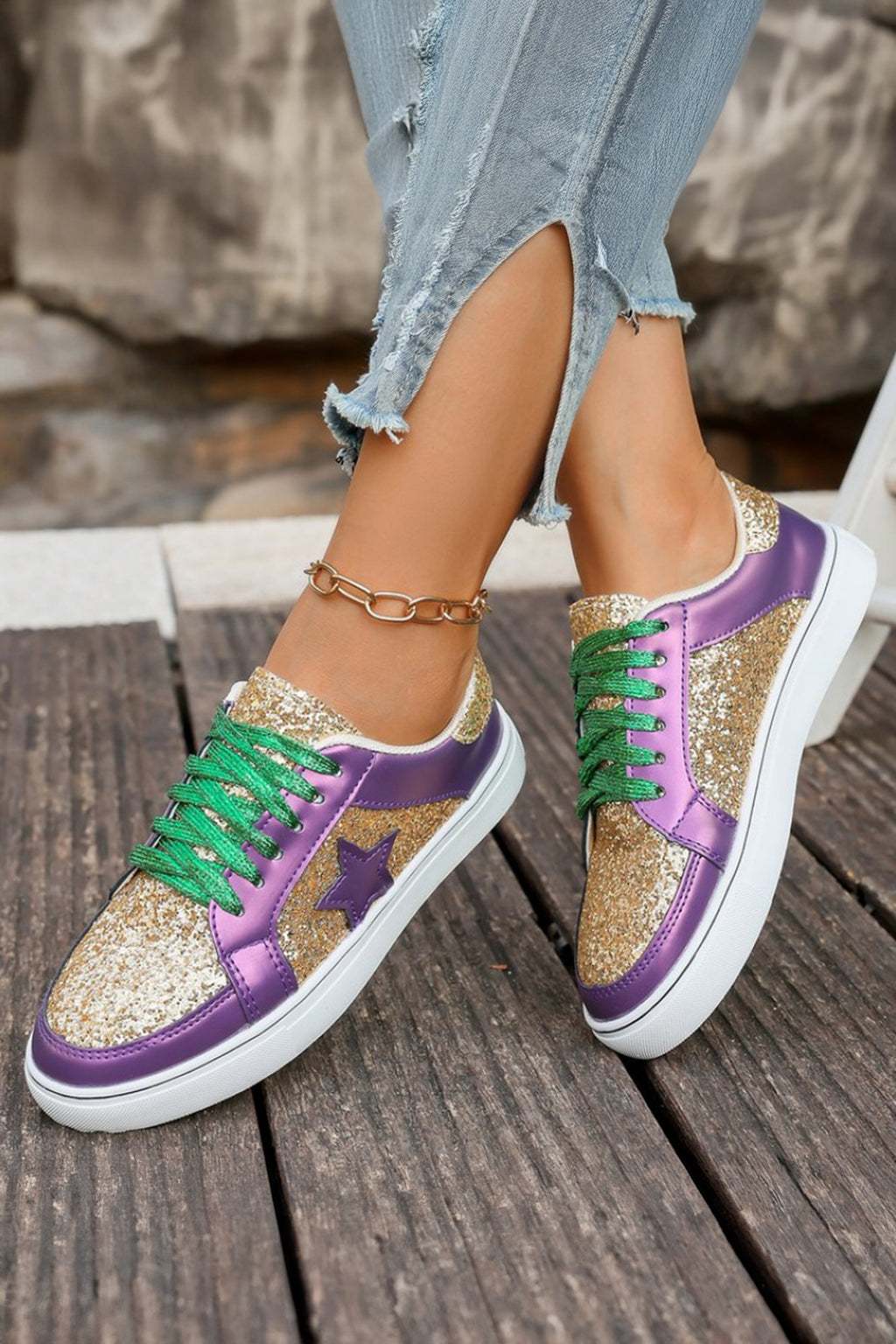 Tillandsia Purple Glitter Star Patchwork PU Leather Lace-up Sneakers